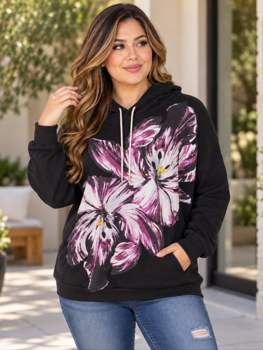 SCOTCH&SODA Black Floral Hoodie Sweater with Pink Accent